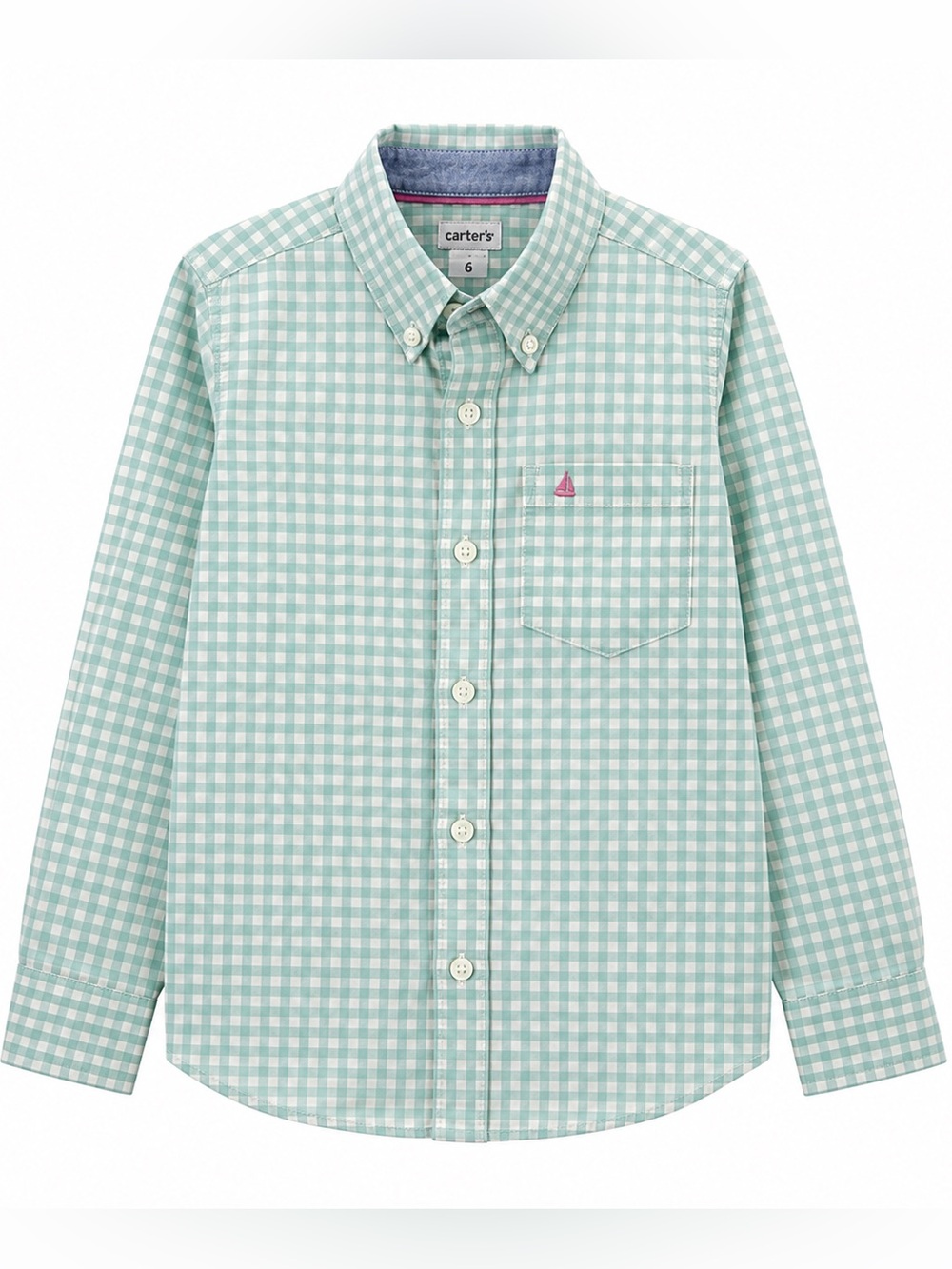 Carters Boys 6 Green Gingham Button Down Shirt Long Sleeve Cotton Preppy Church